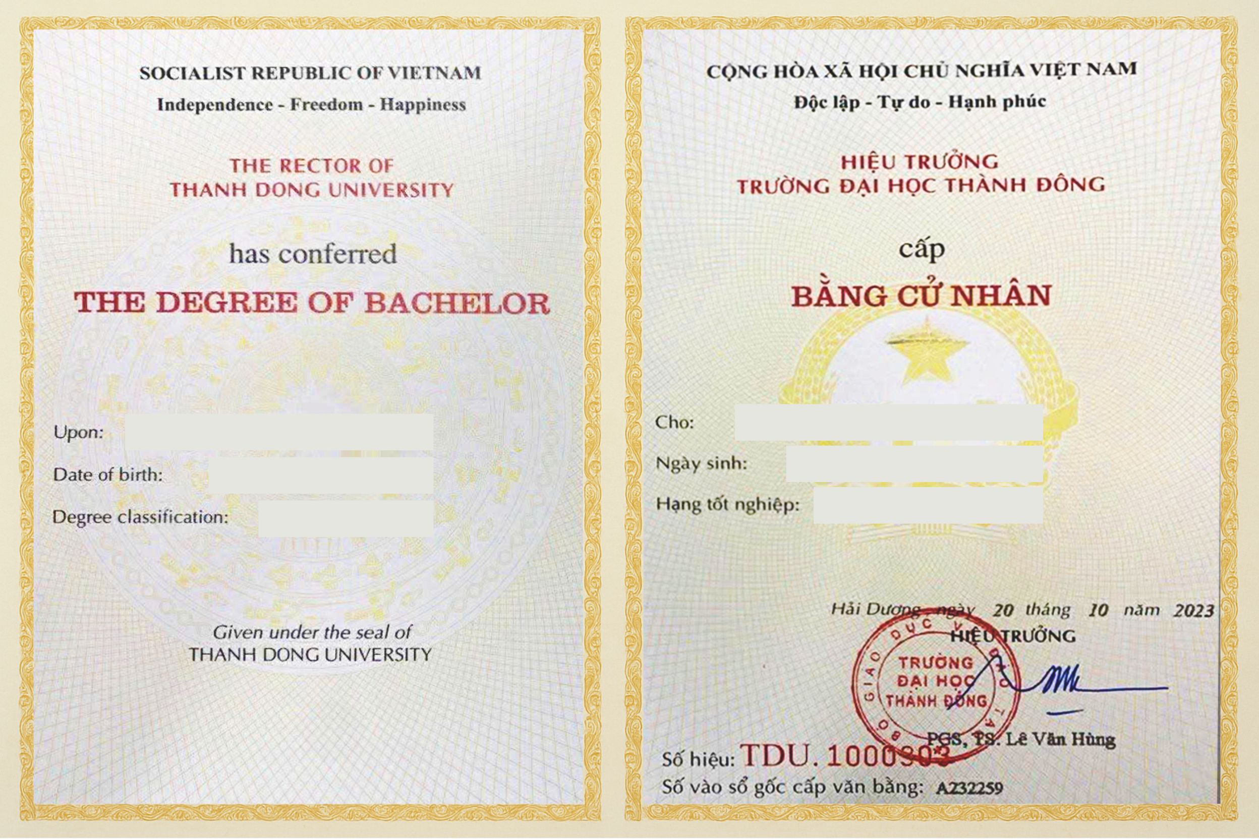 Phôi bằng Đại học Thành Đông (2)